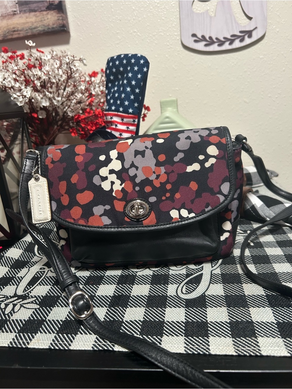 Coach Park Splatter Print Flap Turnlock Crossbody Black, Burgundy, Rust & Cream